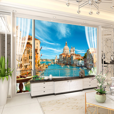 水城威尼斯客厅沙发电视墙影视背景墙壁纸3D立体空间延伸墙纸壁画