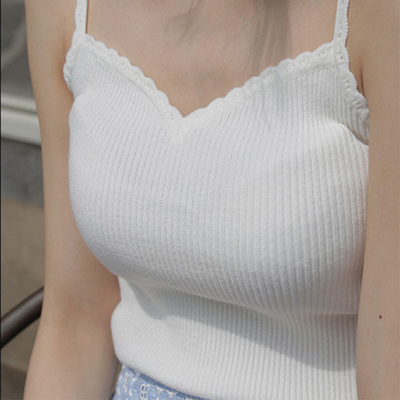 2016夏季韩版性感V领纯棉针织花边吊带背心女打底衫短款修身显瘦