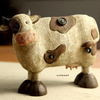 做旧可爱奶牛 绵羊 猪动物摆件纺织布纹理创意家居摆饰美式动物