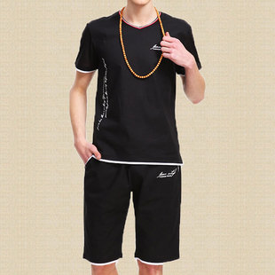 夏季V领t恤男韩版亚麻打底衫短袖运动套装字母印花修身两件套潮