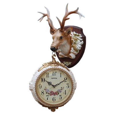欧式双面挂钟鹿头装饰静音创意时钟现代简约客厅大号壁挂钟石英钟