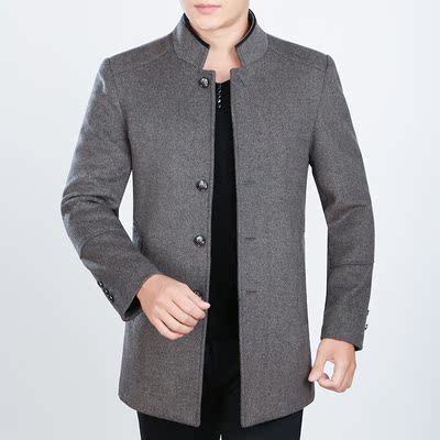2016新款夹克中年男士毛呢外套秋冬装立领呢子大衣男中长款爸爸装