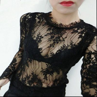 欧洲站2017春秋新款蕾丝打底衫女长袖时尚性感透明蕾丝衫小衫T恤