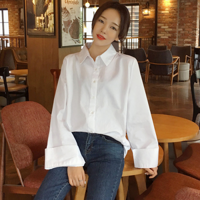 韩版宽松喇叭袖衬衣女长袖2016秋季新款复古BF风百搭白色衬衫上衣