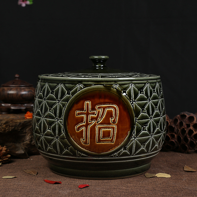 景德镇瓷器米桶腌菜腌肉坛子带盖手工雕刻古香古色 20斤储蓄罐