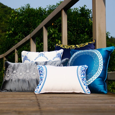 沙发靠垫新中式抱枕复古典方枕蓝色腰枕奢华高档纺丝靠枕靠背腰枕