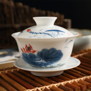 景德镇青花瓷釉下彩盖碗 手绘大号三才杯 陶瓷茶碗敬茶碗功夫茶具