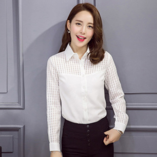 2016春装潮流新款翻领通勤长袖拼接白衬衫女韩版打底常规单排多扣