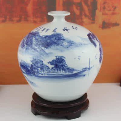 景德镇青花陶瓷花瓶摆设 山水牡丹手绘仿古花瓶摆件古典家居饰品