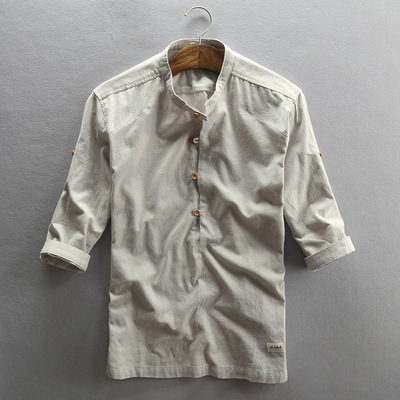 棉麻料男装七分袖衬衫夏季中国风小立领衬衣亚麻布中袖上衣服麻衣