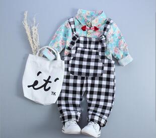 2016新款秋季1男童套装2韩版纯棉碎花衬衫3岁背带裤婴儿宝宝衣服