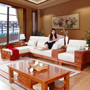实木沙发组合现代中式简约水曲柳转角贵妃布艺沙发客厅全实木家具