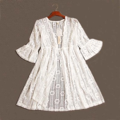 春夏女日系甜美白色镂空蕾丝刺绣花喇叭七分袖中长款防晒开衫外套