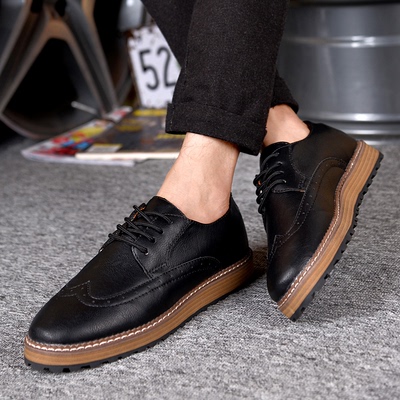 夏简约时尚男士黑色小皮鞋日常休闲商务透气潮鞋英伦复古运动板鞋