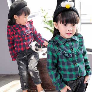 2016年新品童装女童冬装小童格子衬衣外套韩版儿童加绒衬衫娃娃衫