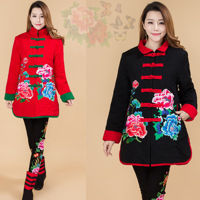 新款冬装中年女式民族风棉袄刺绣花唐装棉衣外套中长款加厚棉服女
