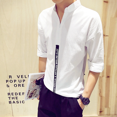 夏季亚麻短袖衬衫男士韩版七分袖修身青年中袖白衬衣潮流休闲男装