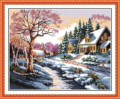 小幅风景画印花十字绣雪景(1)户外冬日小屋卧室客户十字绣