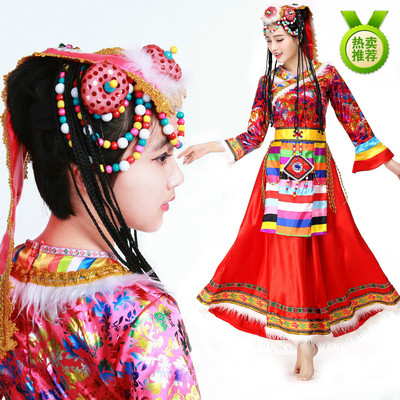 藏族舞蹈演出服装女儿童水袖长裙蒙古族少数民族古典舞大摆裙表演