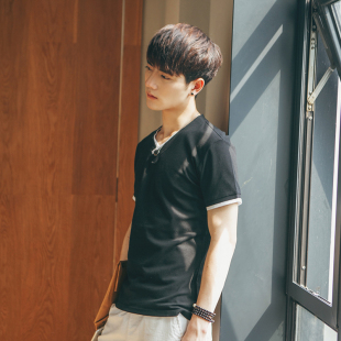 2016夏季新品v领短袖纯棉t恤男青年韩版男士紧身纯色体恤打底衫潮