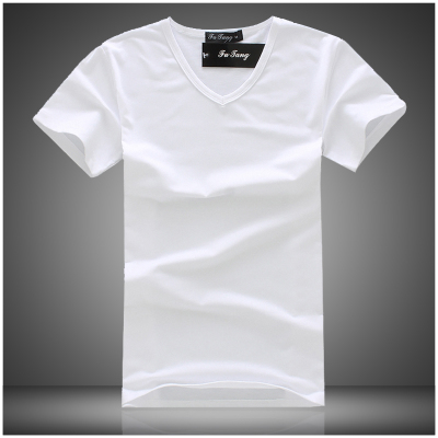男士短袖t恤纯色纯白色V领T桖血体血衫体桖短款短T修身夏季无图案
