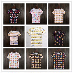 夏季情侣装3D印花青少年短袖t恤学生韩版修身Q萌emoji表情上衣潮