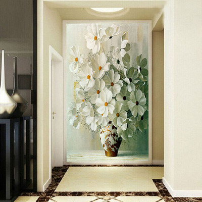 大型壁画白色雏菊油画花瓶玄关背景墙竖版3d立体壁纸墙布无缝墙纸