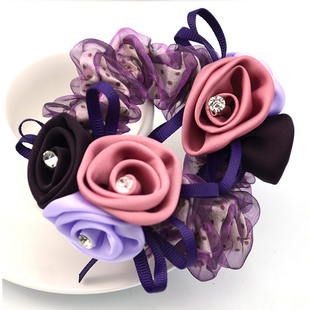 2016新款韩版蕾丝绢纱头发圈手工玫瑰花朵发绳皮筋扎盘发头花饰品