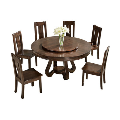 实木圆餐桌黑胡桃木带转盘中式简约家用吃饭桌子圆桌餐桌椅组合