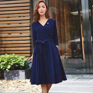 2016新款女韩版修身气质收腰显瘦V领藏青色中长款长袖秋季连衣裙