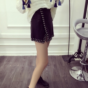 16秋季新款韩版时尚铆钉不规则PU皮裙高腰学生个性半身短裙女潮