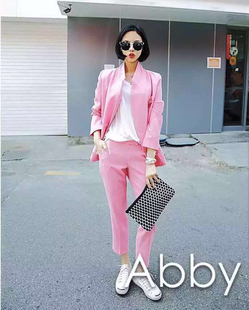 日本OL气质长袖秋装套装女潮粉色秋季套装女时尚两件套小西装薄款