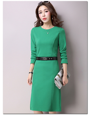 2016春装新款纯色韩版修身连衣裙长袖大码打底裙中长款皮带