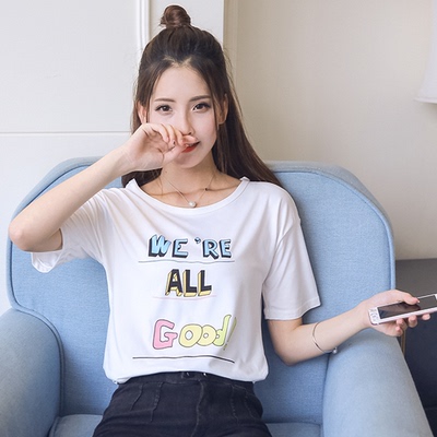 2016夏季韩版简约彩色字母学生印花宽松显瘦圆领常规短袖t恤上衣