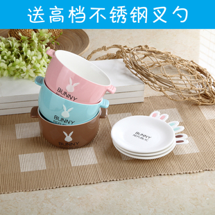 日式韩式陶瓷双耳泡面碗带盖 创意陶瓷方便面碗学生大号餐具套装