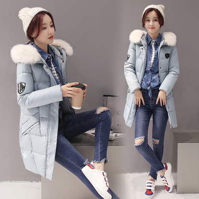 2016新款冬装韩版修身棉衣女装中长款学生加厚大毛领羽绒棉服外套