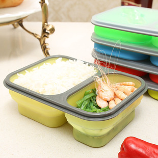 硅胶折叠饭盒 塑料多格有盖学生儿童便当盒 旅行便携餐具带叉勺