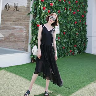 2016夏季新款韩版时尚雪纺连衣裙高雅黑色无袖吊带蕾丝中长款裙女