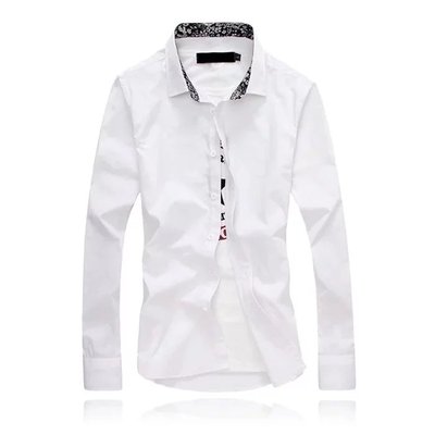 春季青年潮男士修身型纯白色休闲长袖衬衫免烫花领衬衣夏秋季寸衫