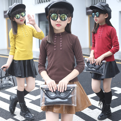 2016新款童装儿童时尚女孩打底衫秋装9潮女童长袖T恤个性韩版皮裙