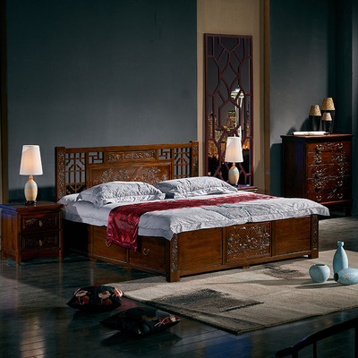 新品纯老榆木实木雕花双人床雕花床头柜1.8米厂家直销可定制