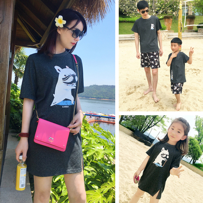 2017新款韩国海边沙滩度假大码亲子装夏装母女裙父子T恤一家三口