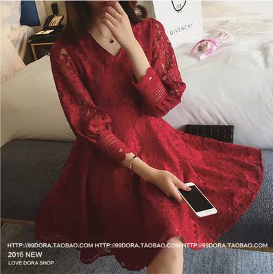 2016春装新款韩版气质V领中长款收腰镂空蕾丝连衣裙女#6031