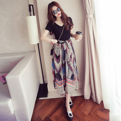 韩国新款简约夏女装显瘦V领短袖印花雪纺连衣裙女中长款收腰长裙