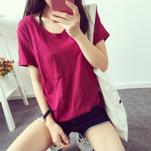 夏季韩版新款纯色V领宽松大码百搭竹节棉T恤女学生休闲上衣短袖