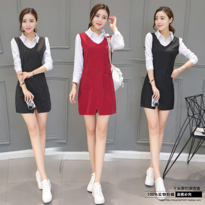 2016秋季新款韩版精品女装收腰修身长袖衬衫连衣裙假两件套装
