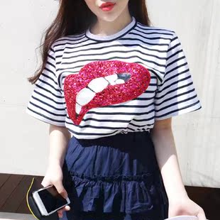 韩国东大门正品代购女装2016春夏新款格子亮片大嘴唇可爱个性T恤