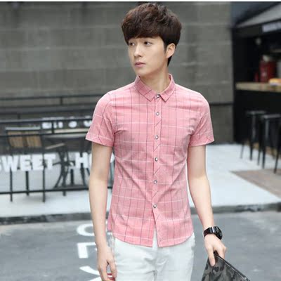 2016夏季韩版衣服男士衬衫修身青少年格子青少年休闲短袖打底衫男