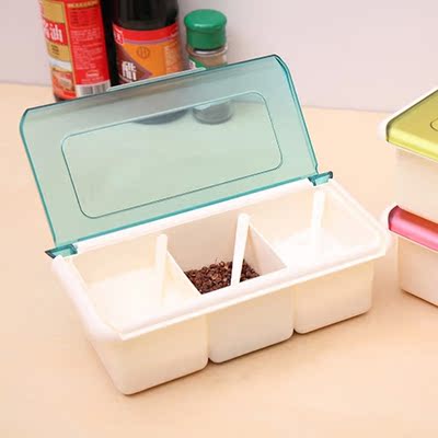 厨房三格简约调味盒 翻盖多格塑料调料盒 带勺子优质调味调料罐