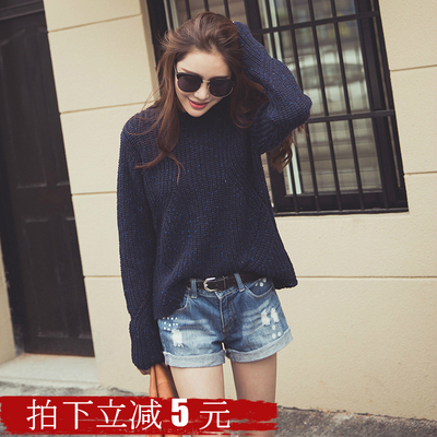 2016秋装女式针织新款韩版镂空彩点宽松长袖半高领外套毛衣纯色